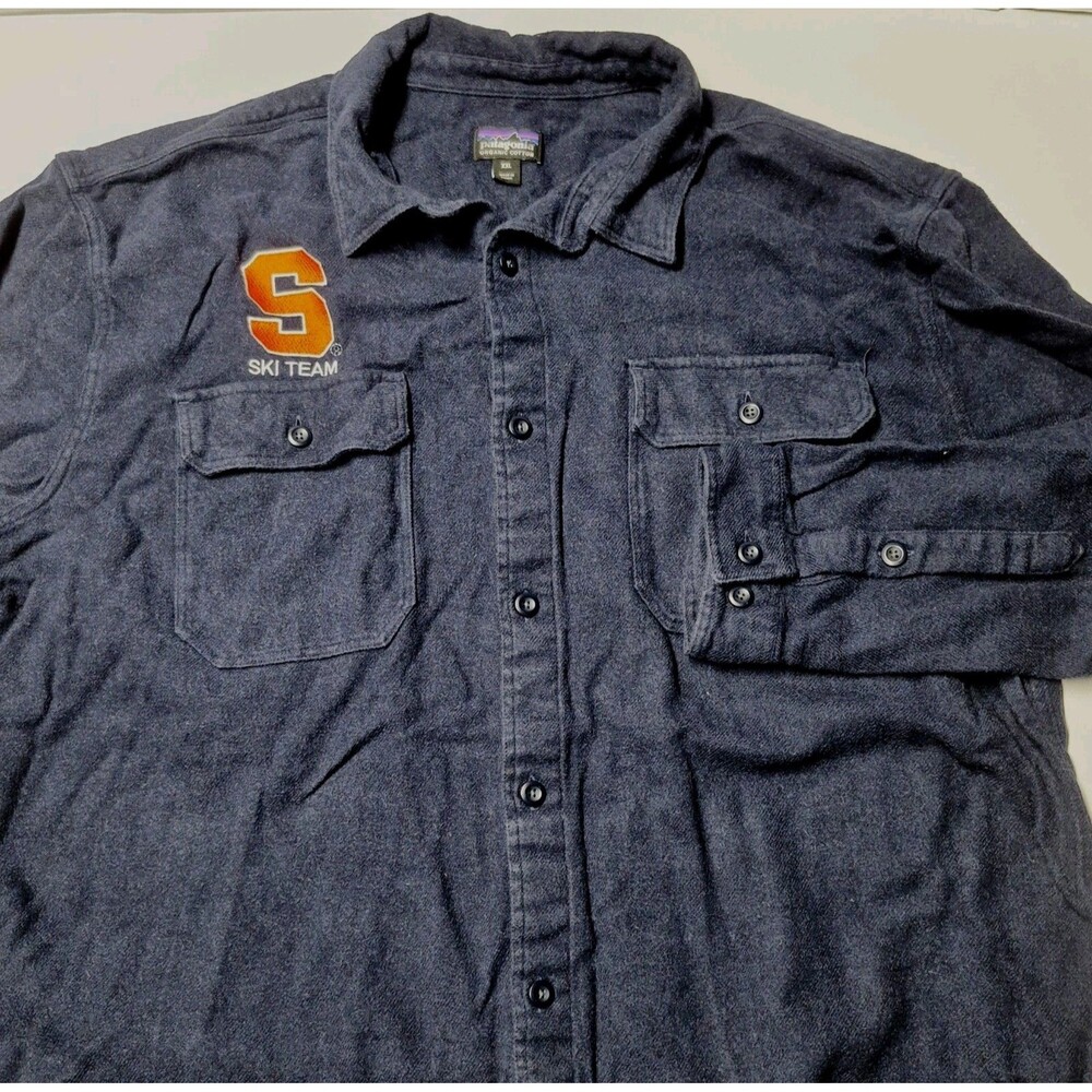 Patagonia Fjord Flannel Shirt XXL Blue Syracuse Ski Team FA19 Organic Cotton